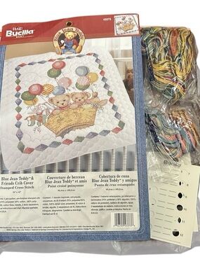 Blue Jean Teddy & Friends Crib Cover Stamped  Cross Stitc Nursery Vtg OPEN NEW